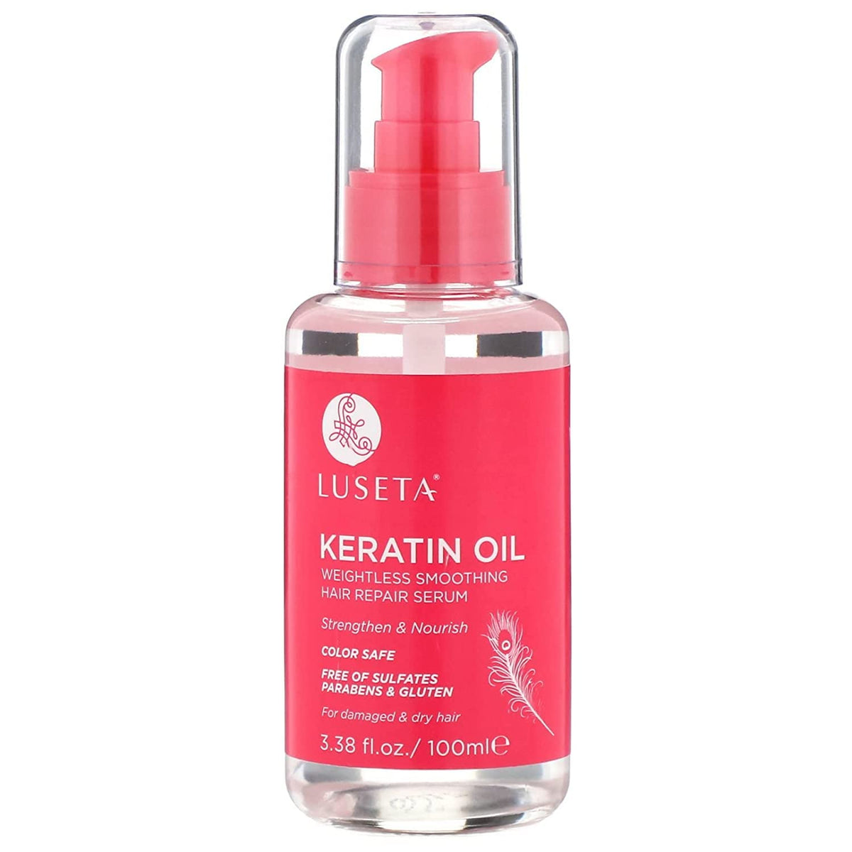 Luseta Keratin Hair Oil Serum bottle with pump delivers weightless nourishment for damaged hair