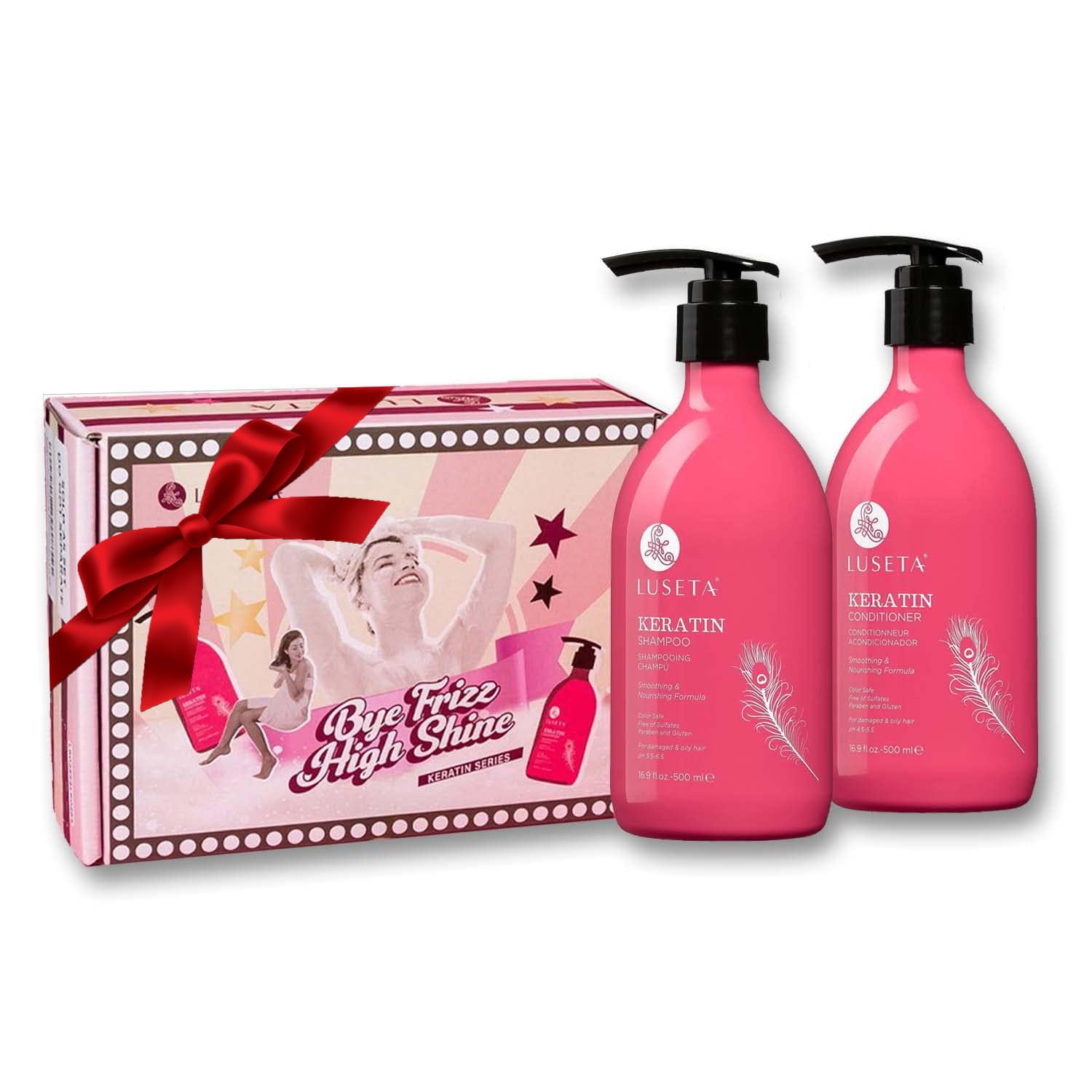 L LUSETA Keratin Shampoo bottle front demonstrates smoothing and moisture for dry hair.