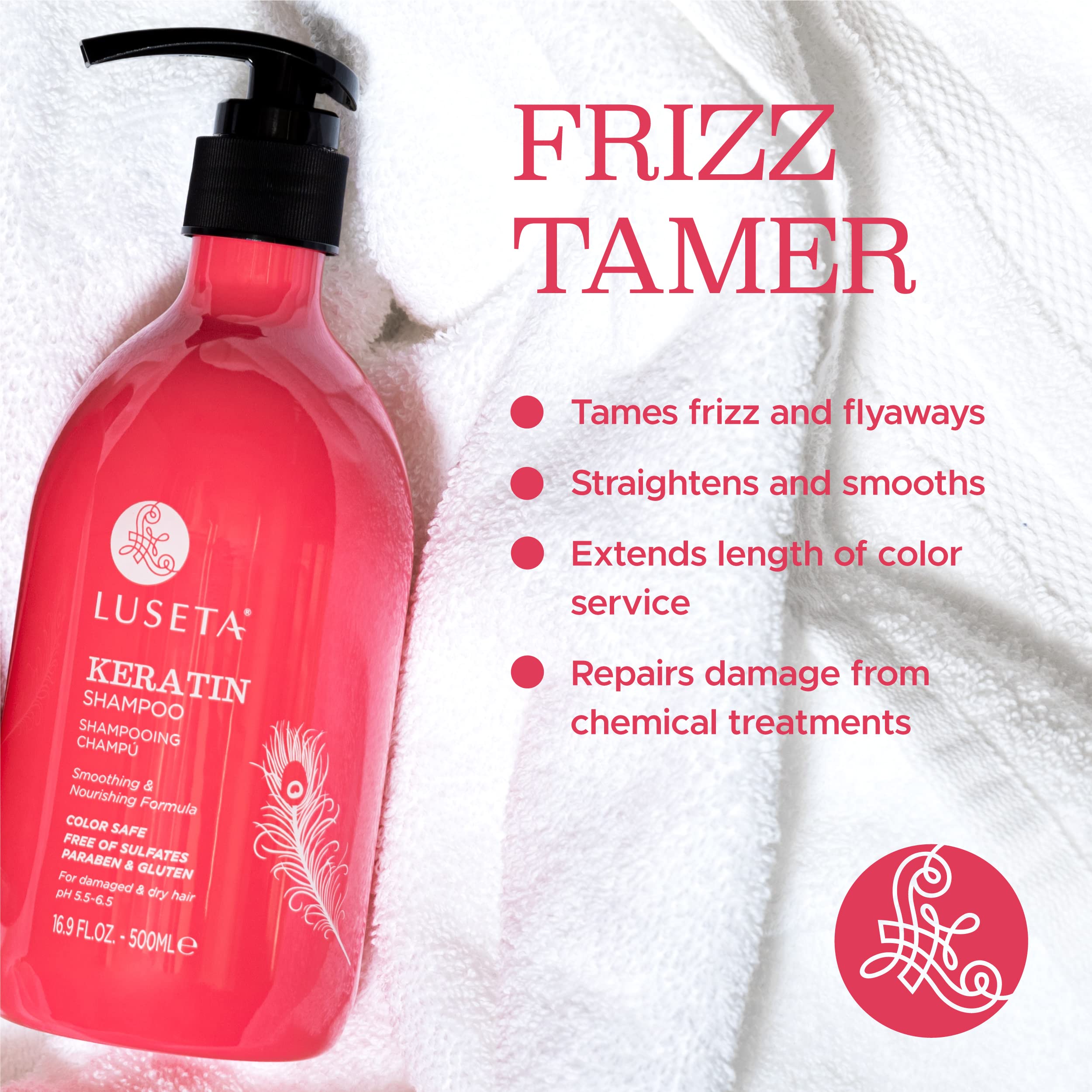 Luseta Keratin Shampoo bottle label close-up emphasizing sulfate-free cleansing.