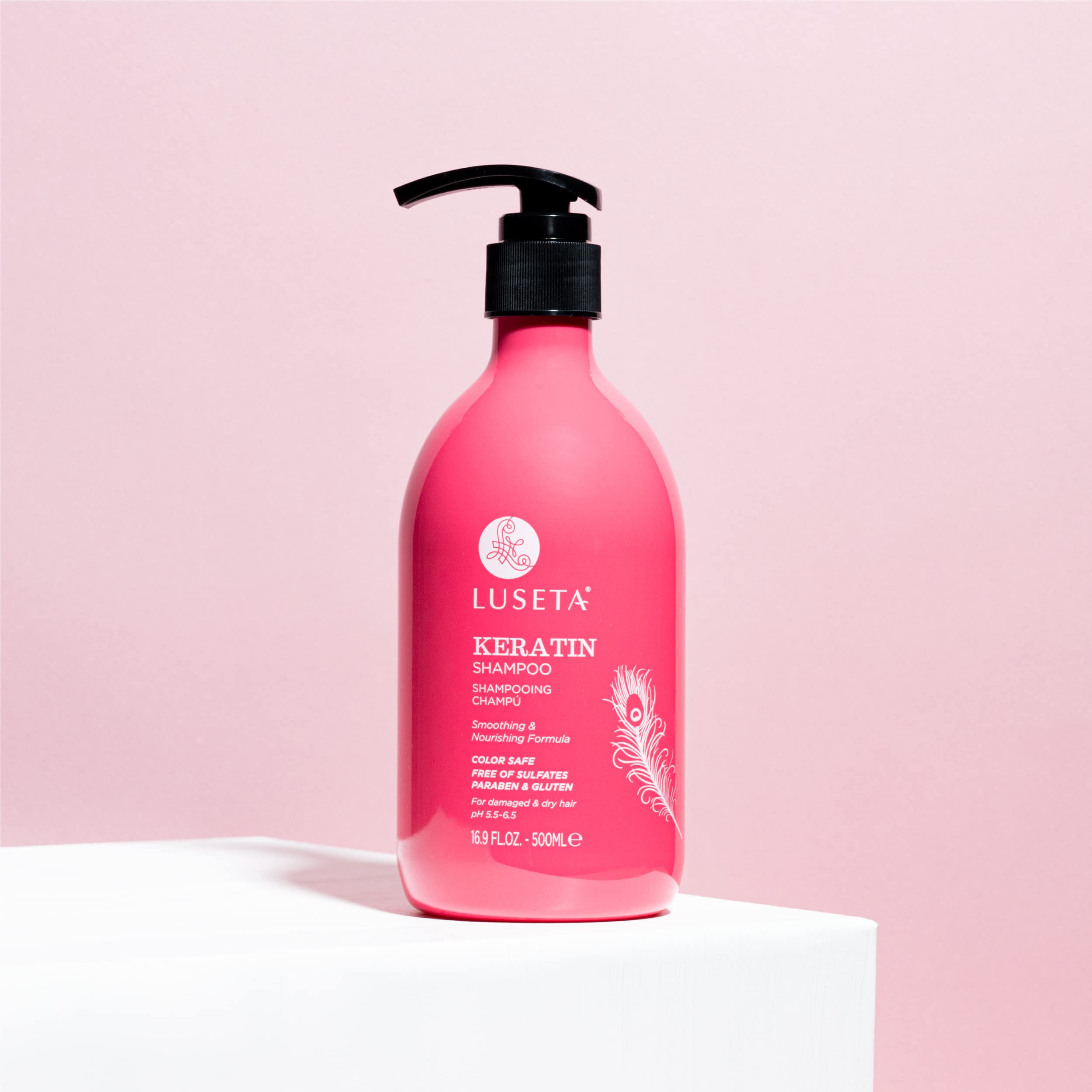 Luseta Keratin Shampoo on model with color-treated hair showing preserved color and shine.