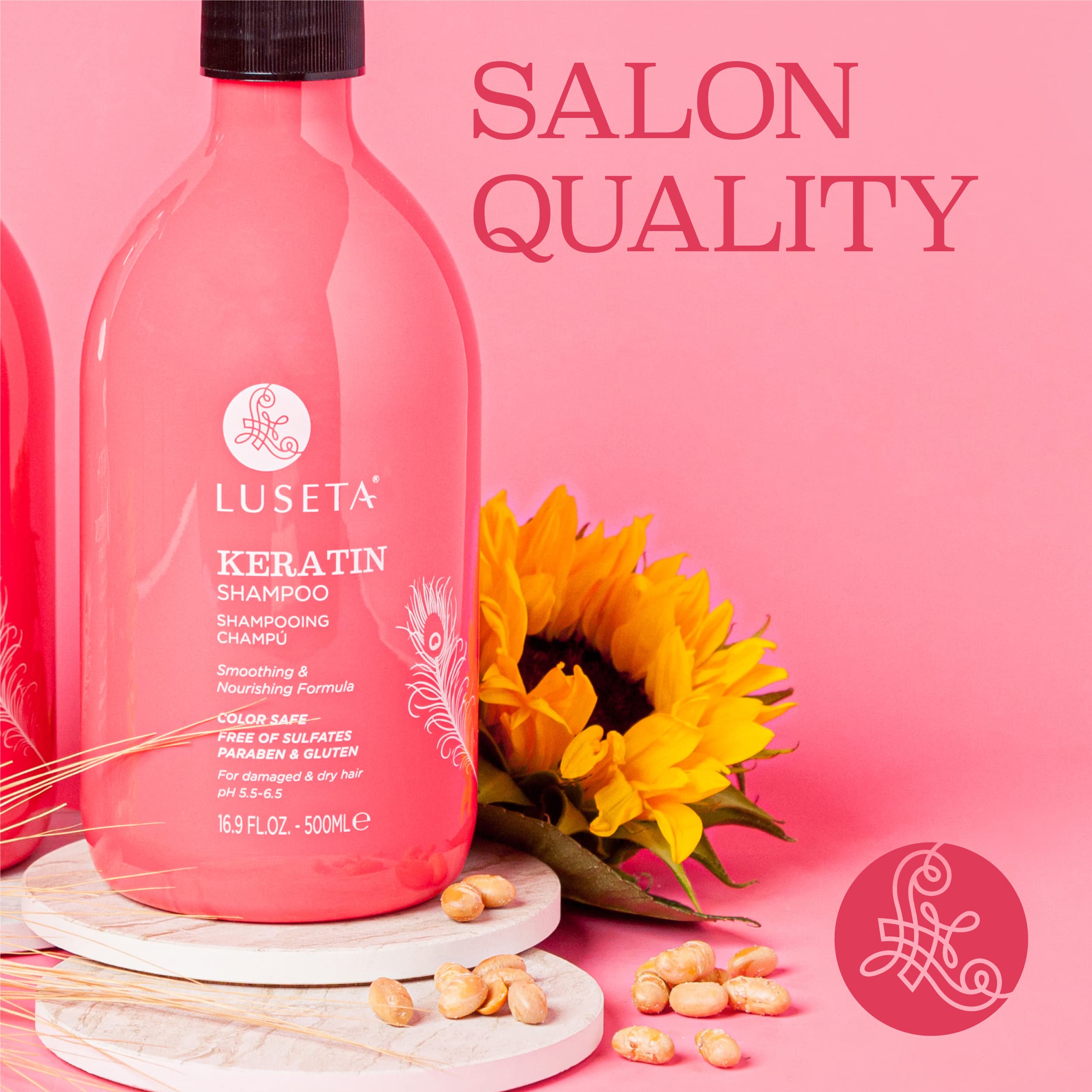 Luseta Keratin Shampoo ingredient panel shows keratin infusion for moisture.