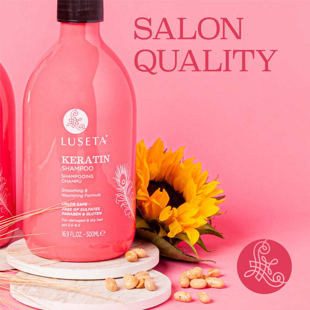 Luseta Keratin Shampoo ingredient panel shows keratin infusion for moisture.