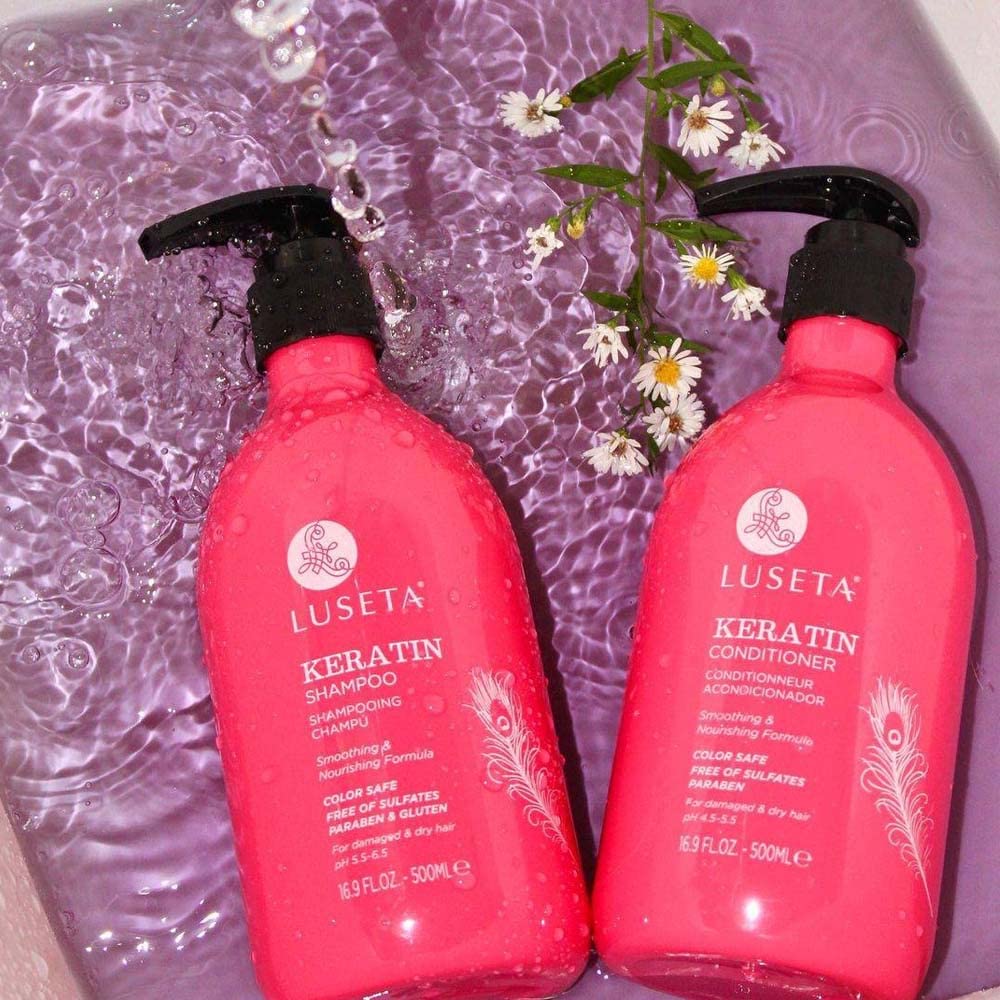 L LUSETA Keratin Shampoo lather closeup suggests gentle cleansing and frizz control.