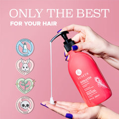 Luseta Keratin Shampoo pump dispensing scene illustrates easy, controlled application.