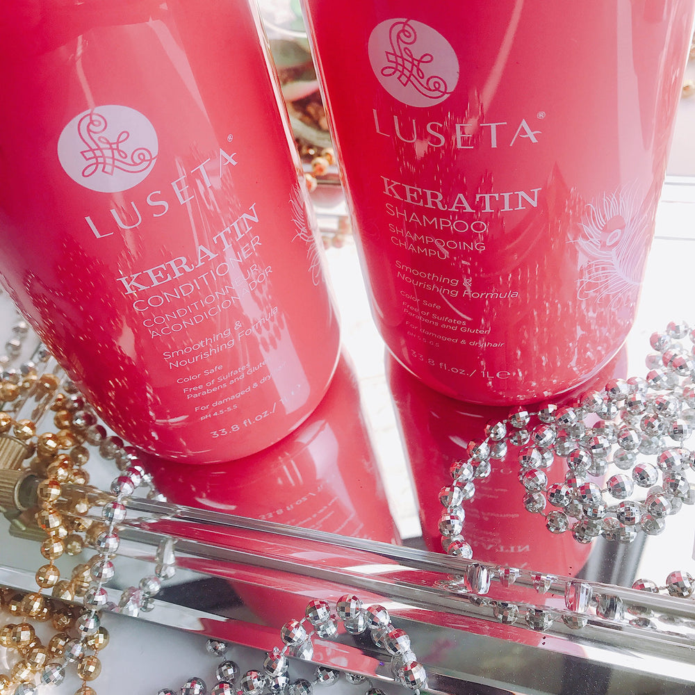 Luseta Keratin Smooth conditioner being applied for detangled shine.