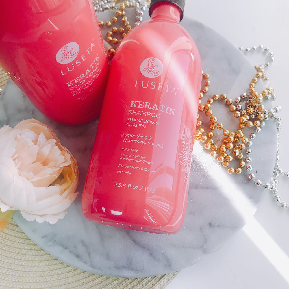 Daily routine with Luseta Keratin Smooth products for hydration.