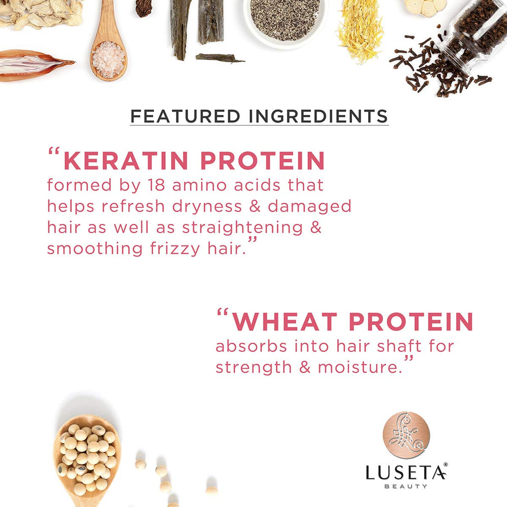Close-up of Luseta Keratin Smooth bottle for premium hair hydration.