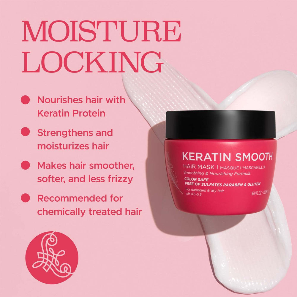 L Luseta Keratin Smooth Hair Mask in bathroom scene conveys weekly self-care ritual.