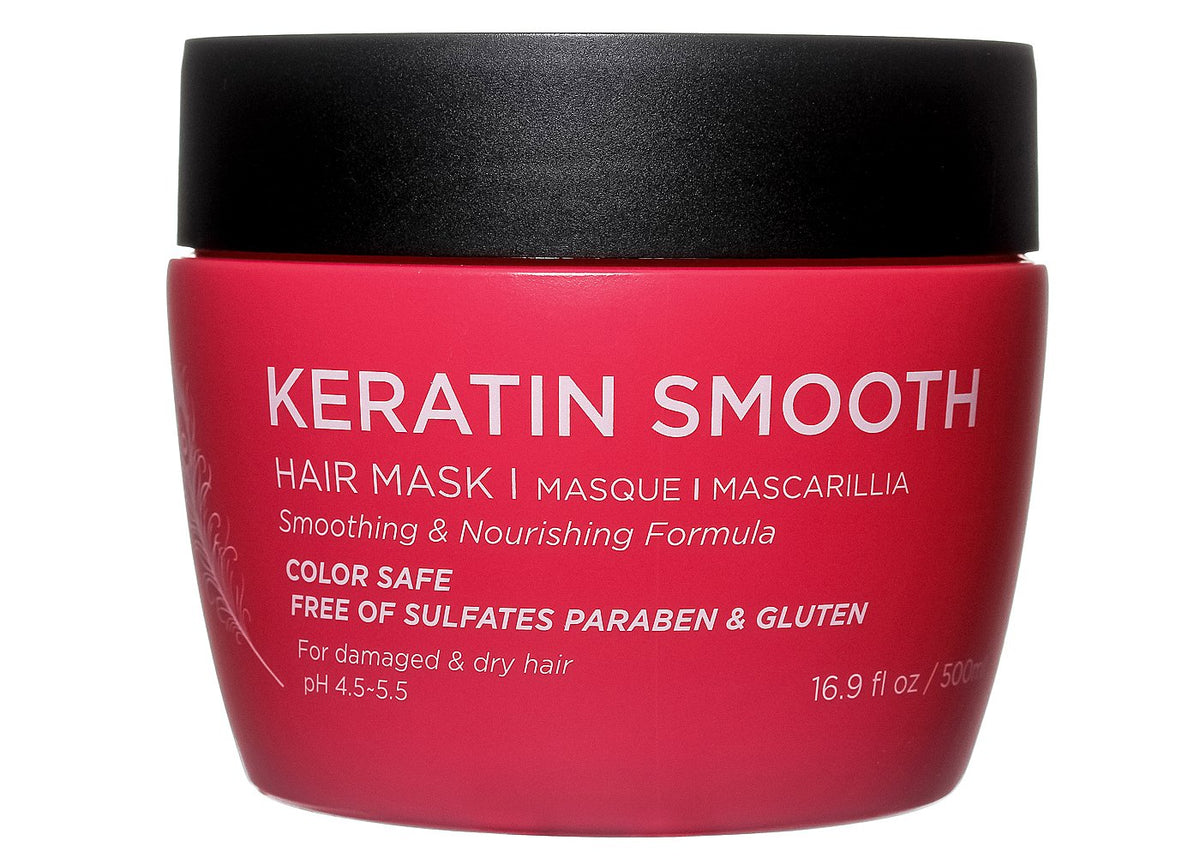 L Luseta Keratin Smooth Hair Mask bottle shows hydrating formula for dry hair.