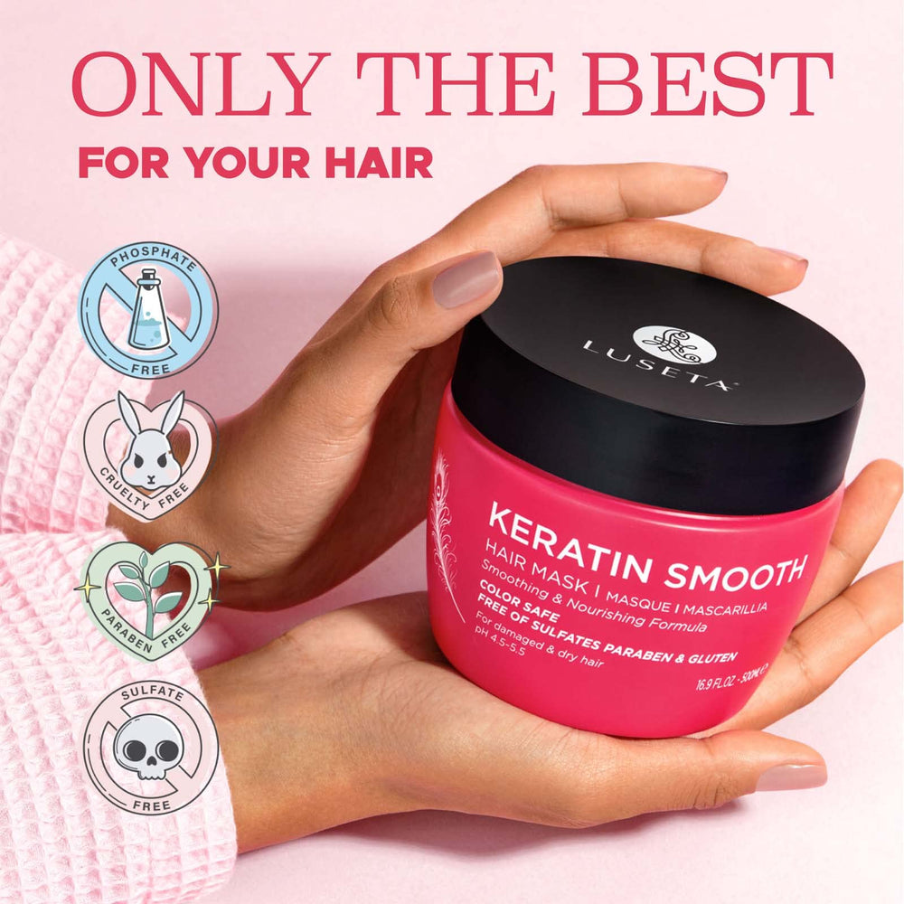 L Luseta Keratin Smooth Hair Mask damaged-hair close-up reveals frizz-control potential.