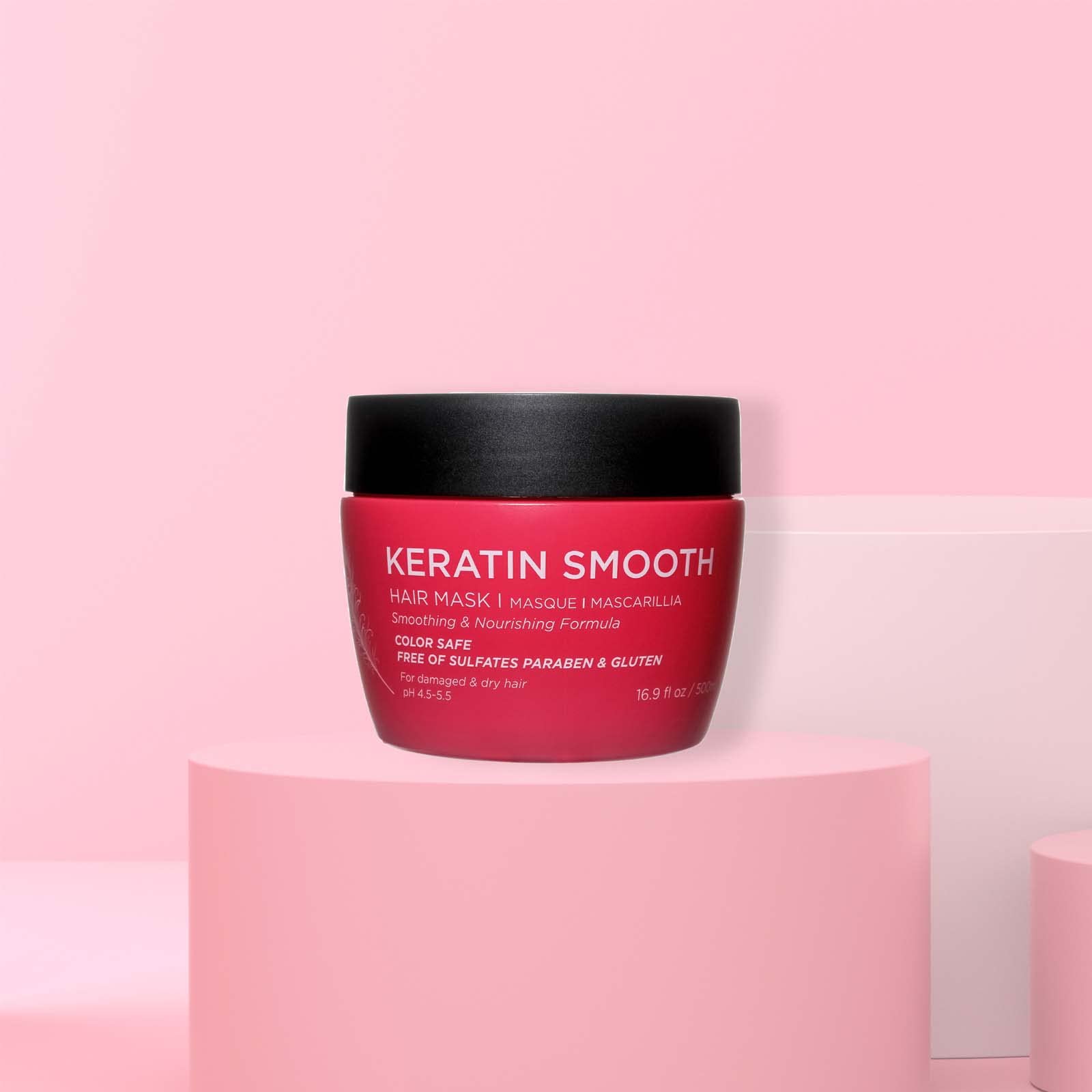 L Luseta Keratin Smooth Hair Mask jar highlights deep nourishment for damaged strands.
