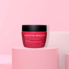 L Luseta Keratin Smooth Hair Mask jar highlights deep nourishment for damaged strands.