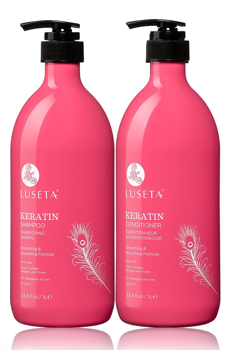 Luseta Keratin Smooth Shampoo bottle demonstrating hydration and frizz control.