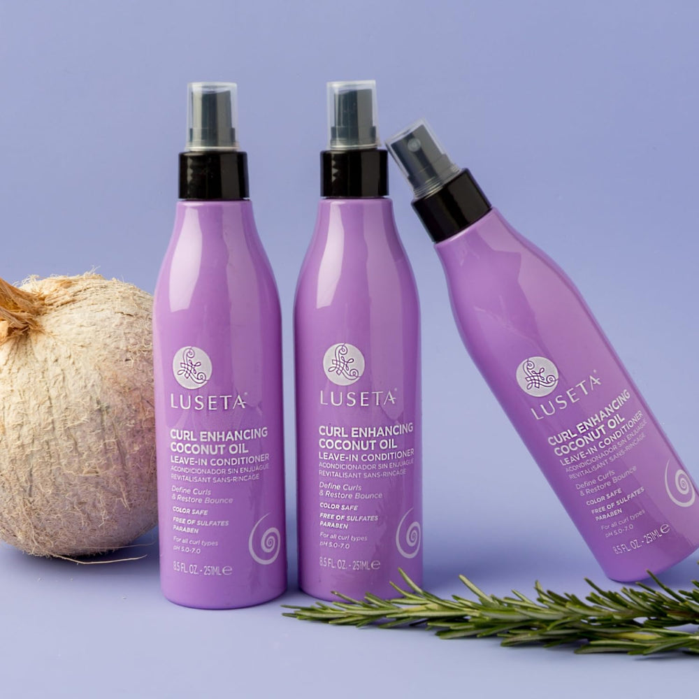 Luseta leave-in conditioner bottle close-up highlighting 8.5oz size and coconut oil.
