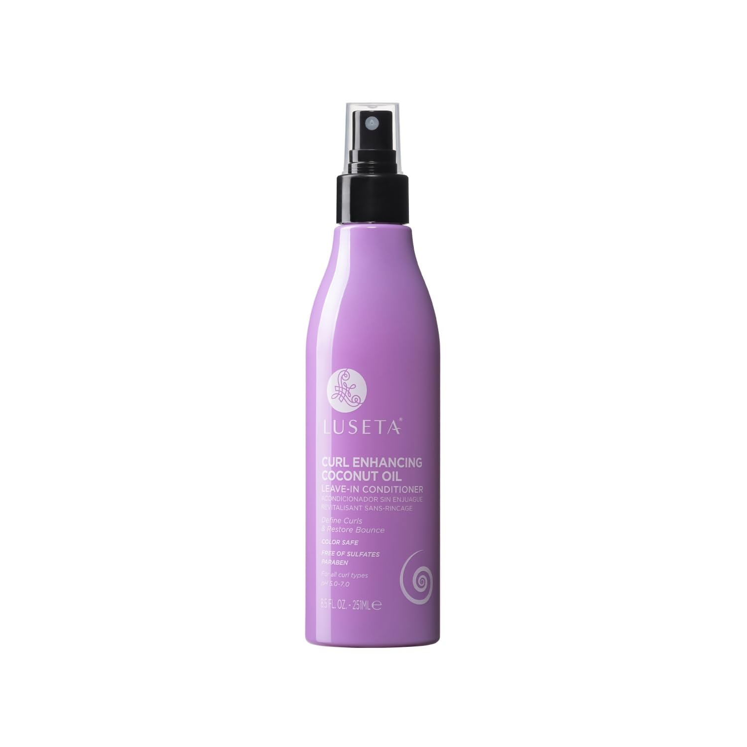 Luseta leave-in conditioner curly bottle with coconut oil for shine and frizz control.