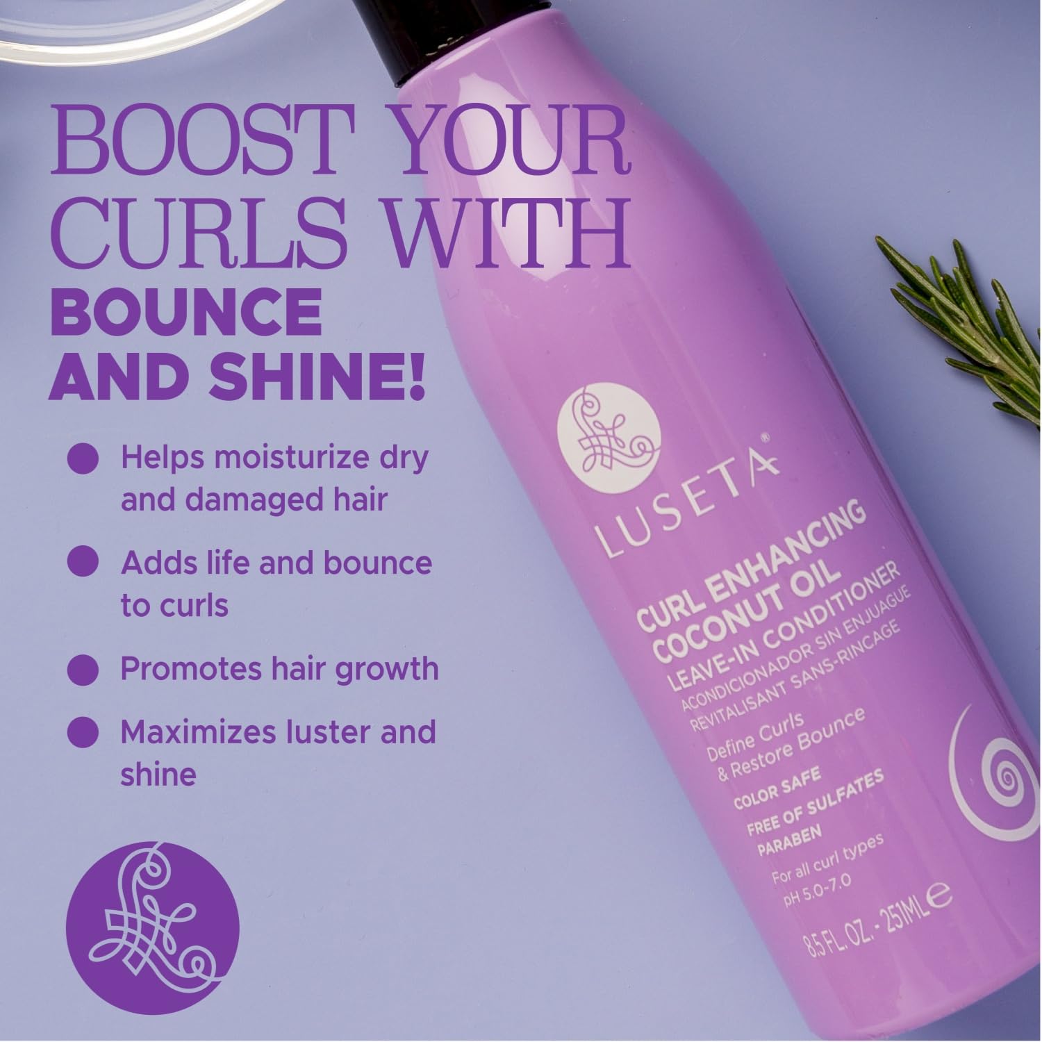 Luseta leave-in conditioner finish showing shiny, frizz-free curls and bounce.