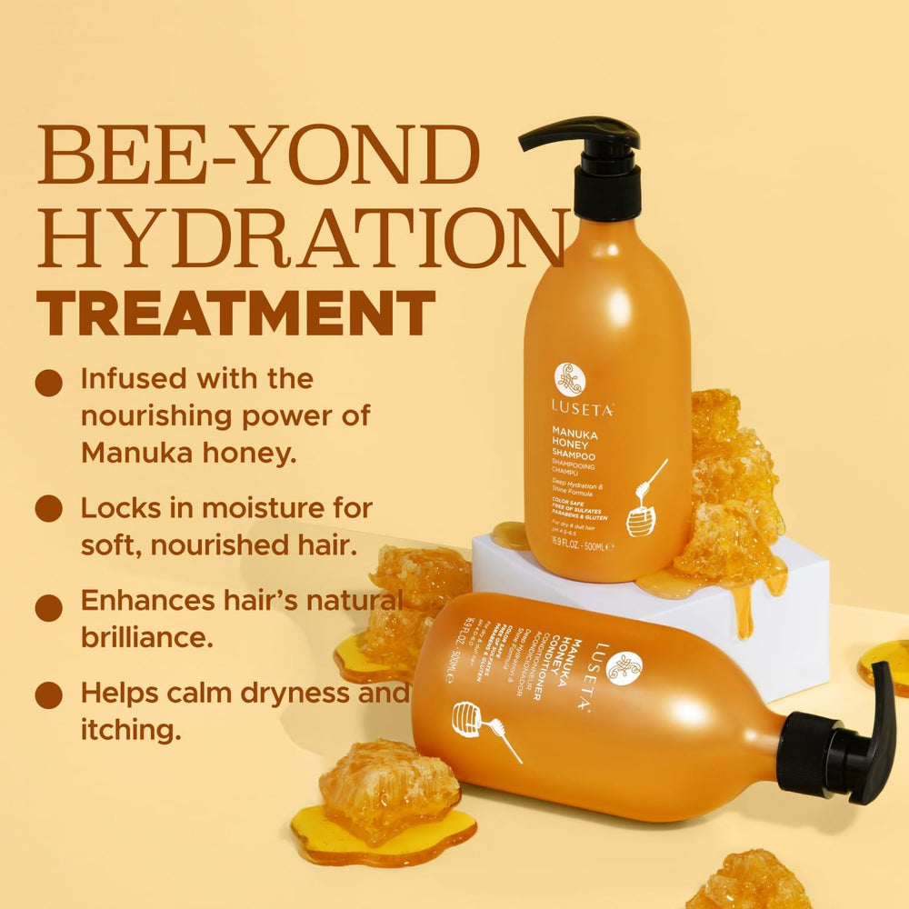 Luseta Manuka Honey Shampoo lather close-up shows cleansing action.