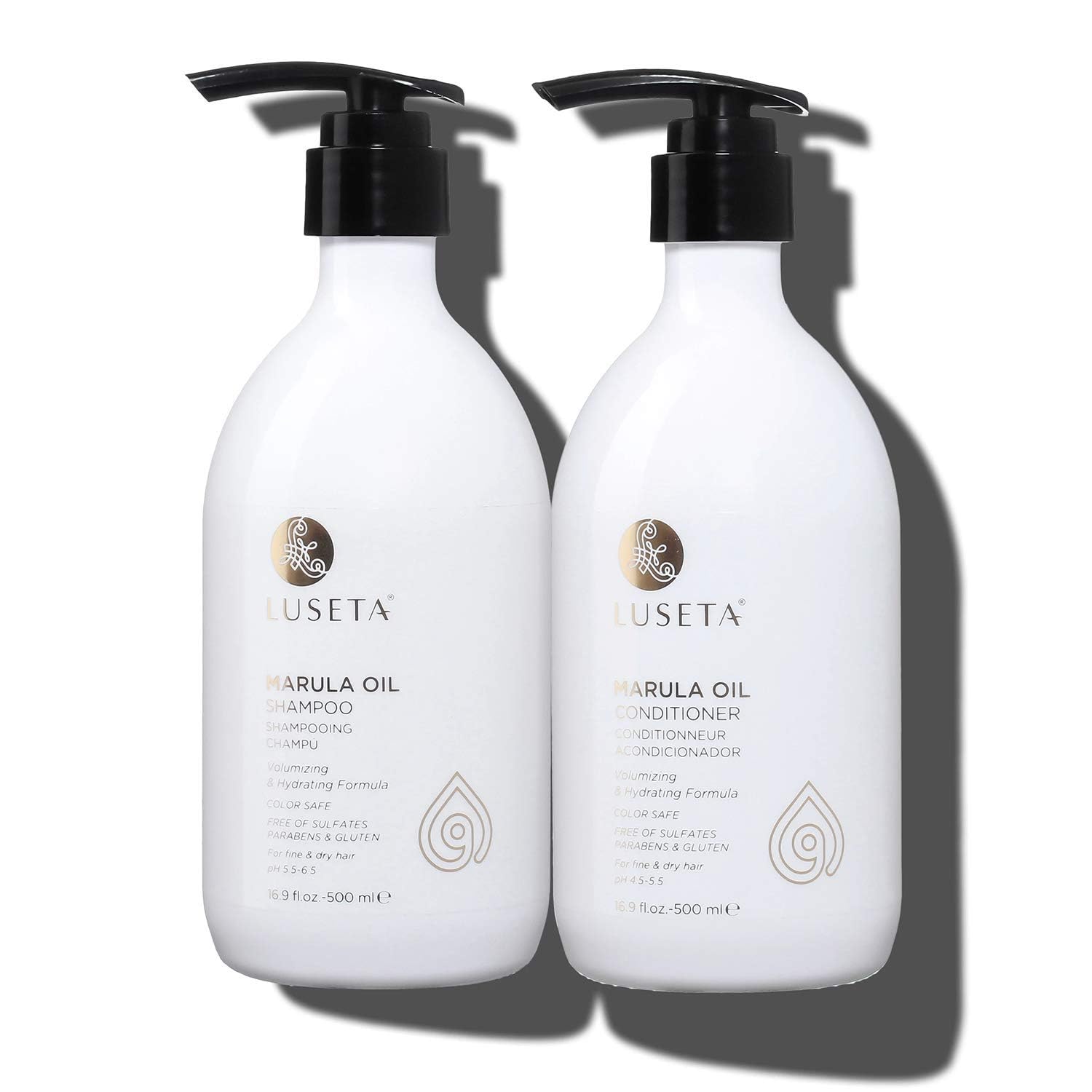 L Luseta Marula Oil shampoo bottle pour shows lightweight hydration for fine hair