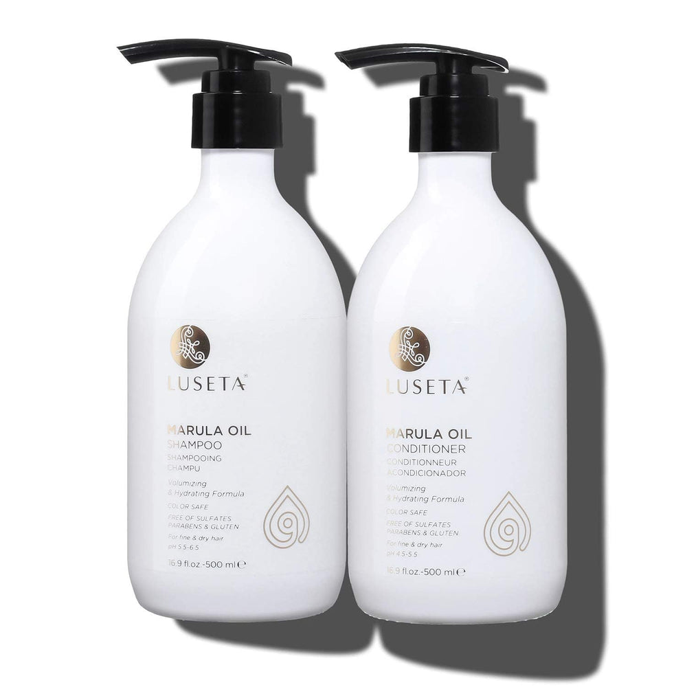 L Luseta Marula Oil shampoo bottle pour shows lightweight hydration for fine hair