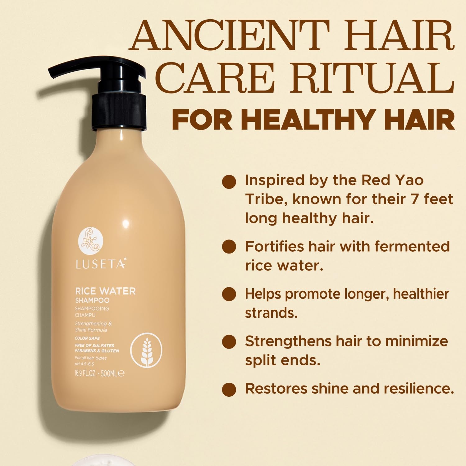 Luseta Rice Water Shampoo bottle top view reveals premium packaging and hydration promise