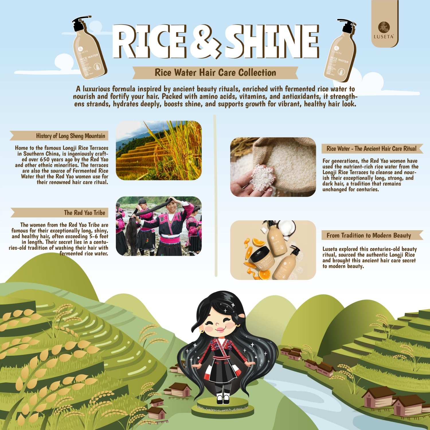 Luseta Rice Water Shampoo color-treated safe label communicates gentle cleansing for treated hair