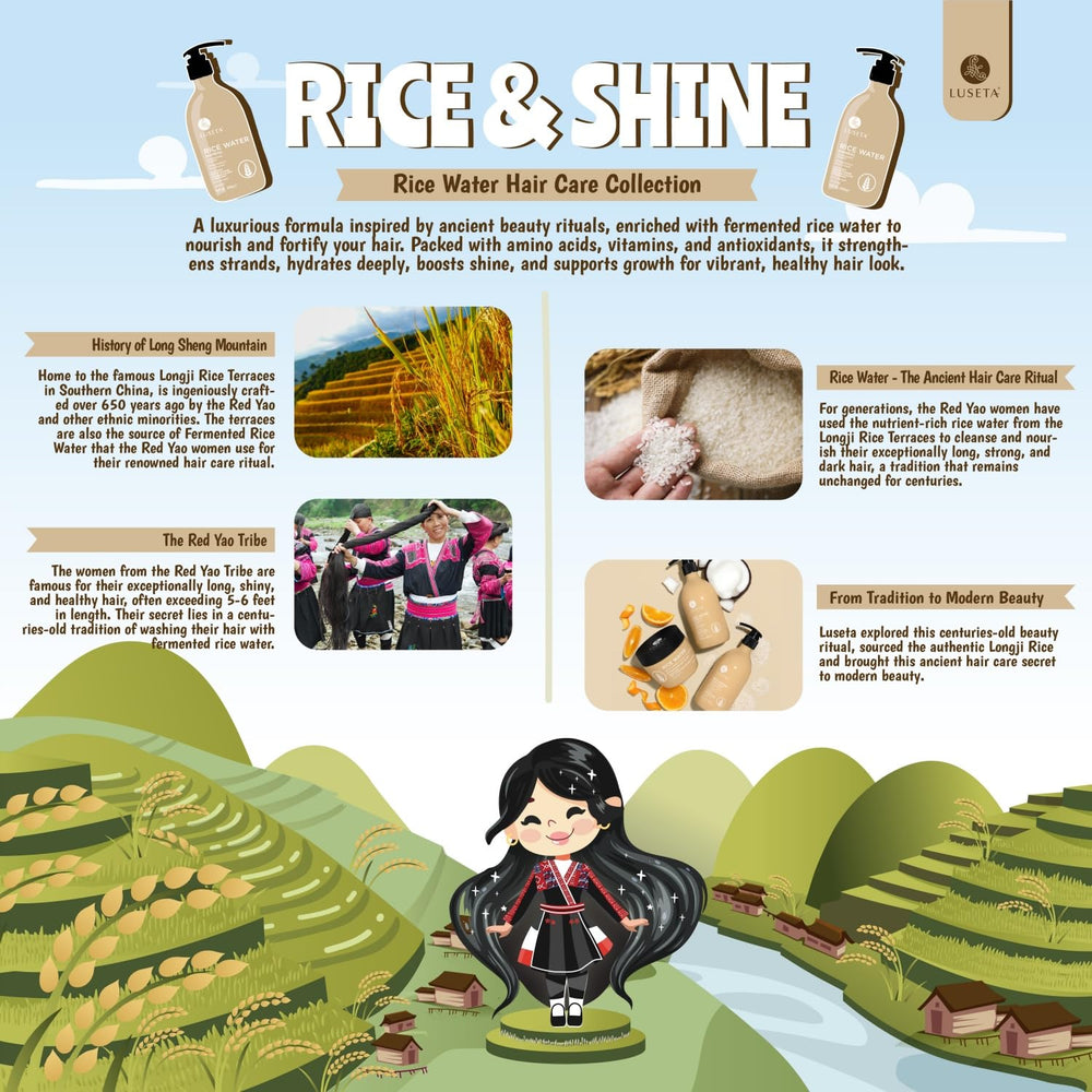 Luseta Rice Water Shampoo color-treated safe label communicates gentle cleansing for treated hair