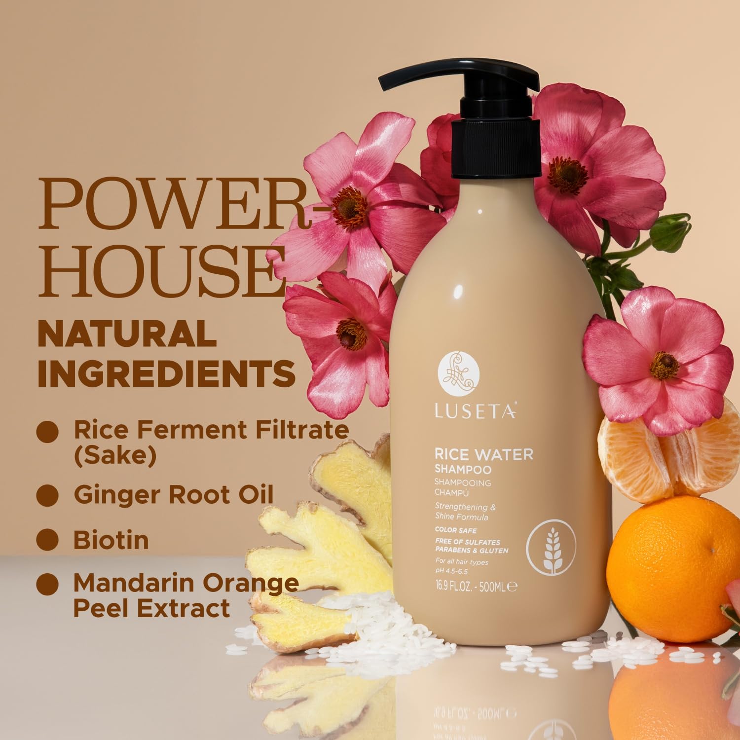 Luseta Rice Water Shampoo after-use shine image suggests smooth, frizz-controlled results