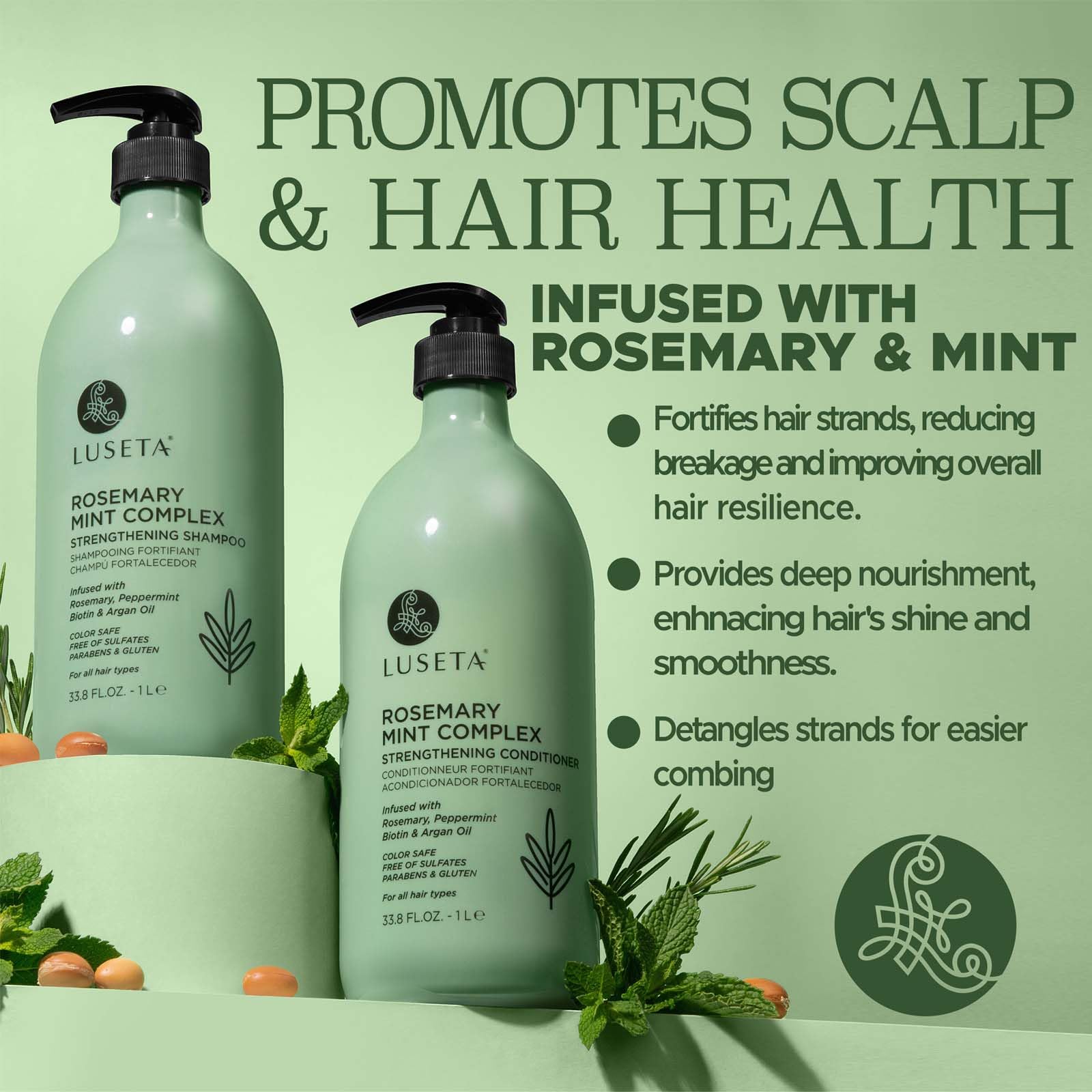 Luseta Rosemary Mint conditioner bottle highlighting detangling and shine.