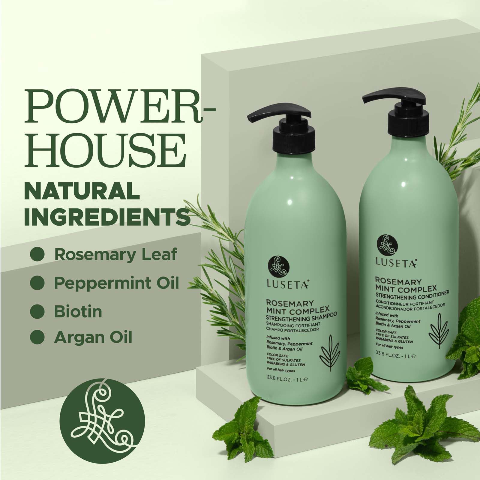 Luseta Rosemary Mint set packaging showcasing all-in-one care for all hair types.