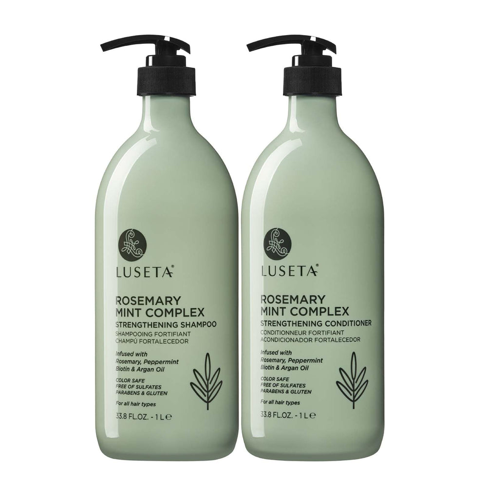 Luseta Rosemary Mint shampoo bottle highlighting moisturizing, frizz-reducing formula.