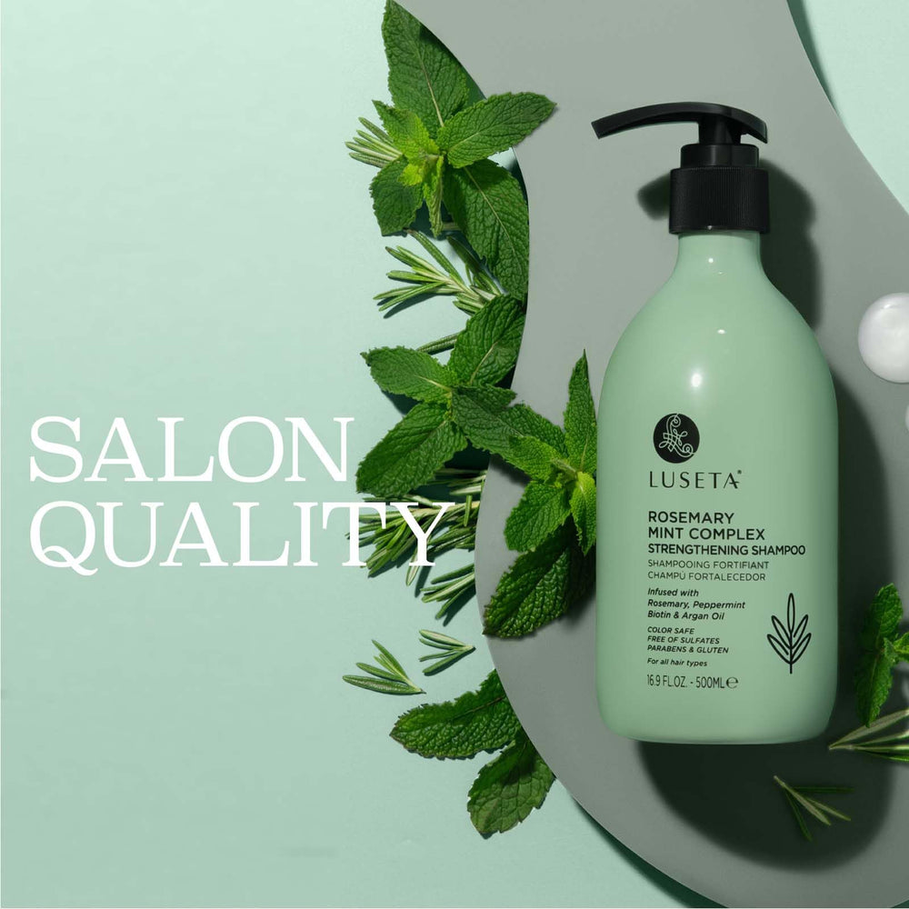 Luseta Rosemary Mint Strengthening Shampoo bottle pour for deep nourishment.