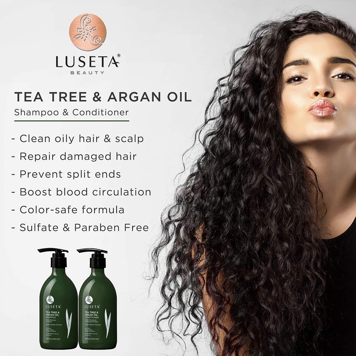 Luseta Tea Tree & Argan Oil detangling conditioner bottle for silky, manageable hair.
