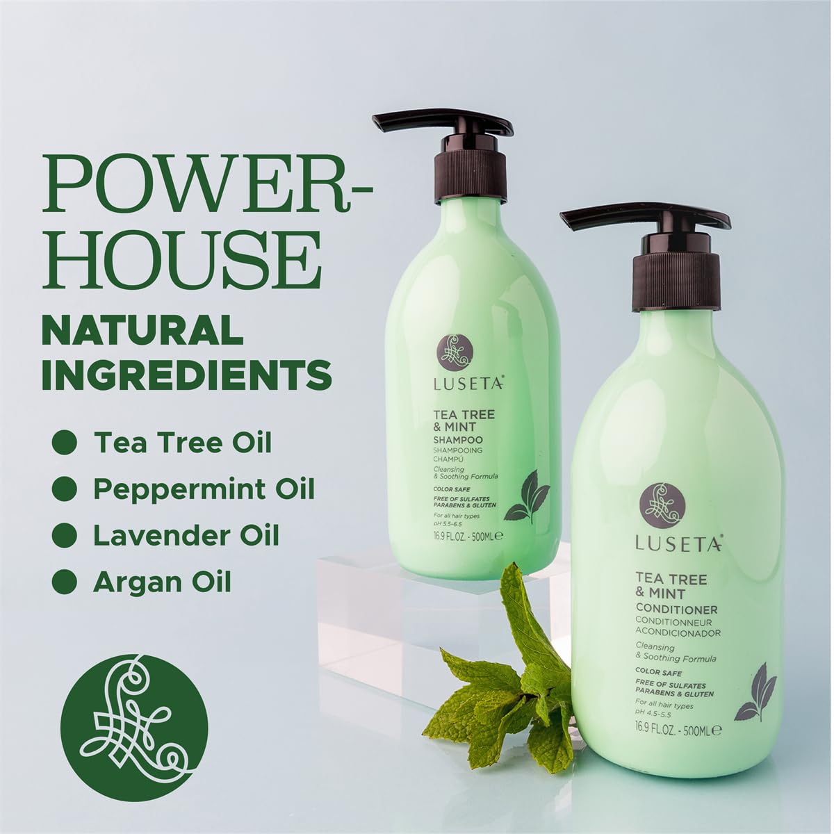 Luseta Tea Tree Mint Conditioner label closeup highlights lavender and peppermint components.