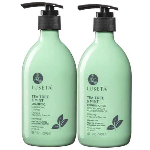 Luseta Tea Tree Mint Shampoo bottle emphasizes a refreshing scalp cleanse for dandruff-prone hair.