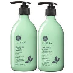 Luseta Tea Tree Mint Shampoo bottle emphasizes a refreshing scalp cleanse for dandruff-prone hair.