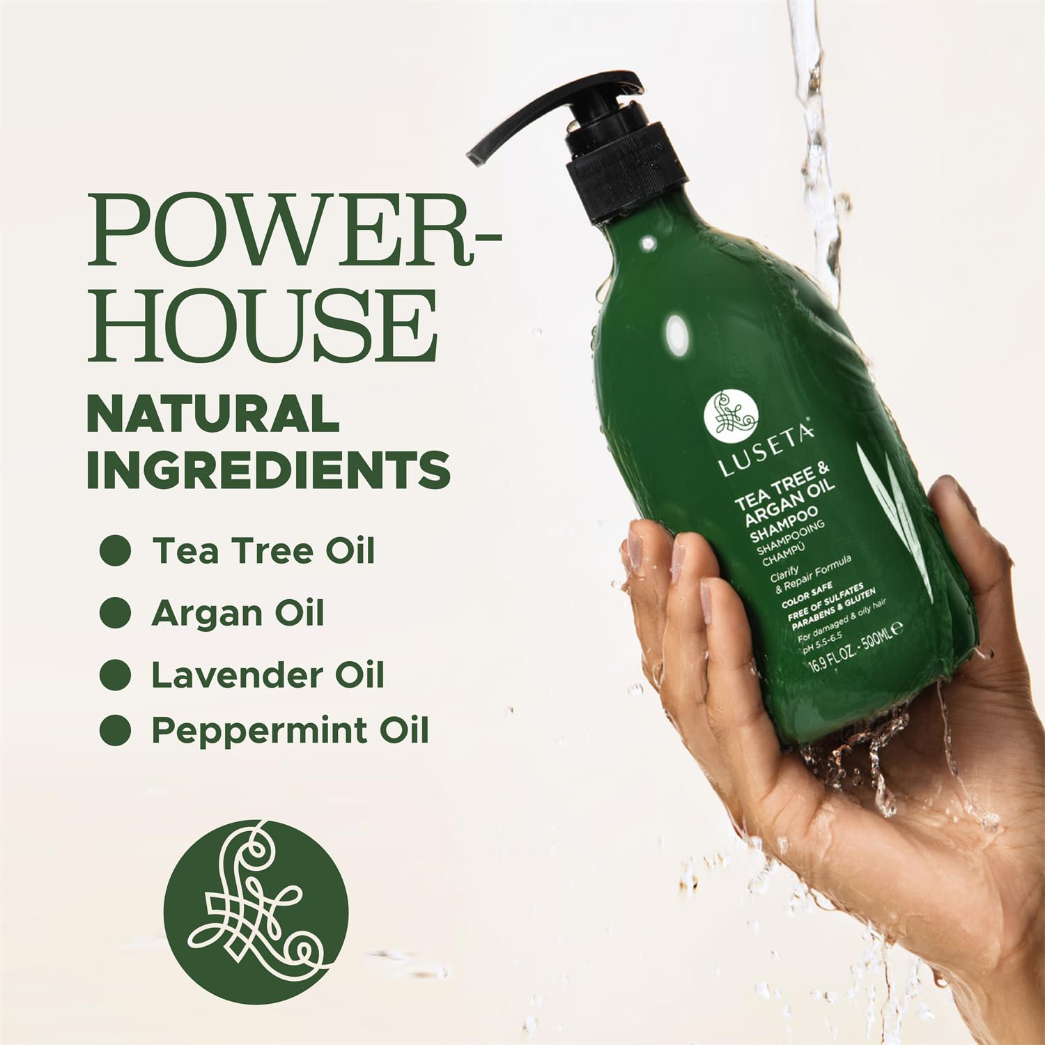 Luseta Tea Tree Shampoo sulfate-free label signals gentle, color-safe cleansing for all hair types.