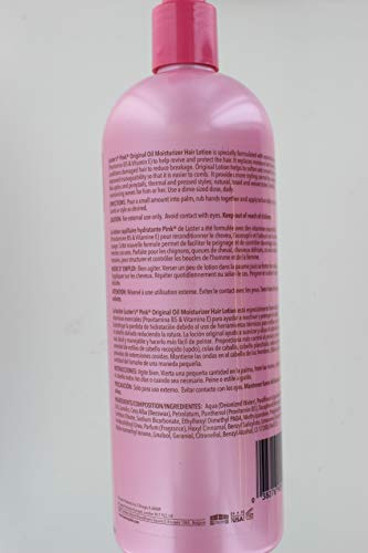 Luster's Pink Oil Moisturizer label-detail focuses on Pro-Vitamin B5 and Vitamin E benefits.