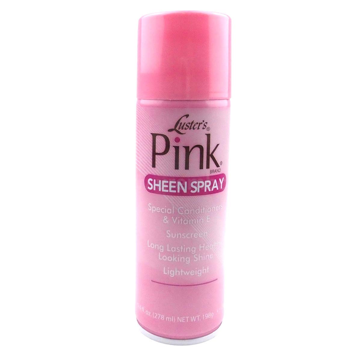 Luster's Pink Sheen Spray bottle front showing glossy finish and Vitamin E.