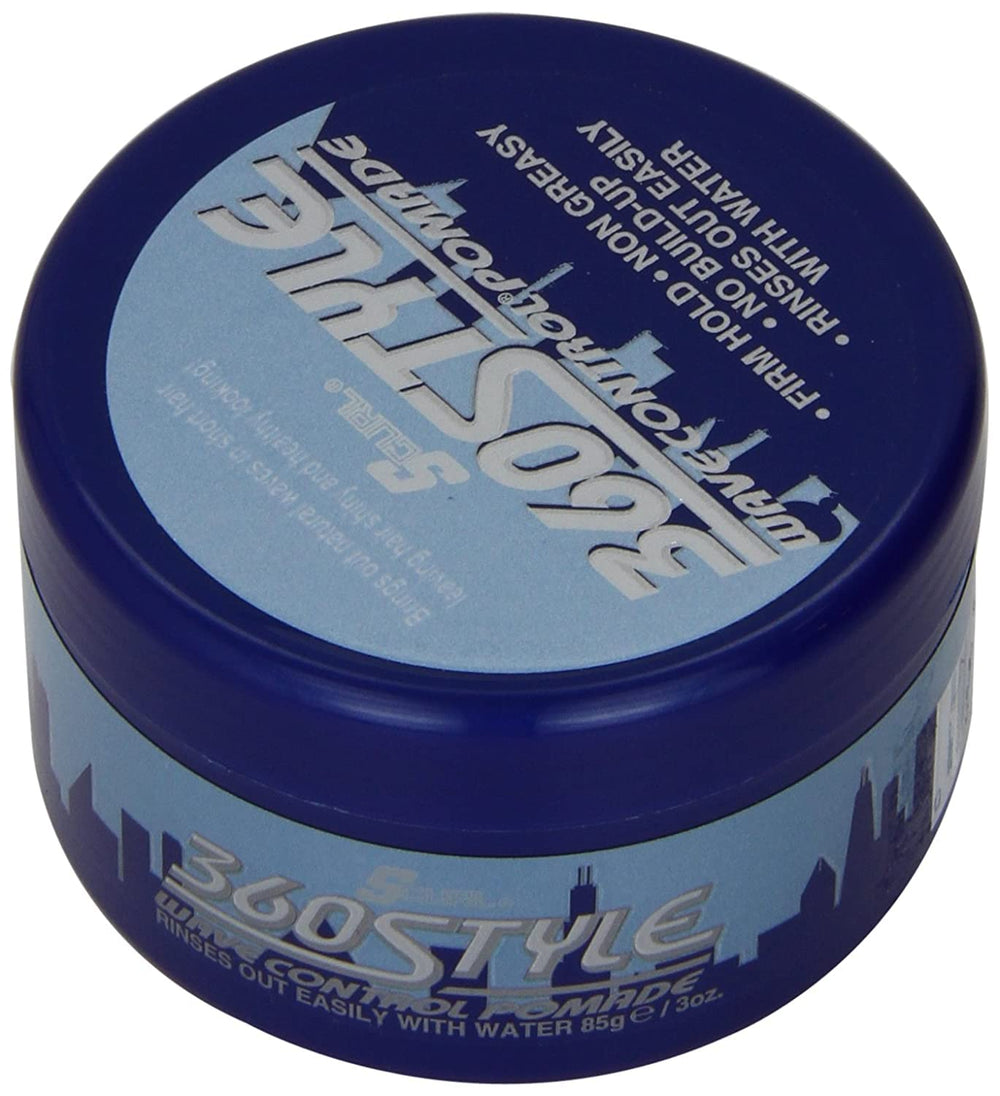 Luster's S-Curl 360 Wave Control Pomade bottle close-up ready for easy application.