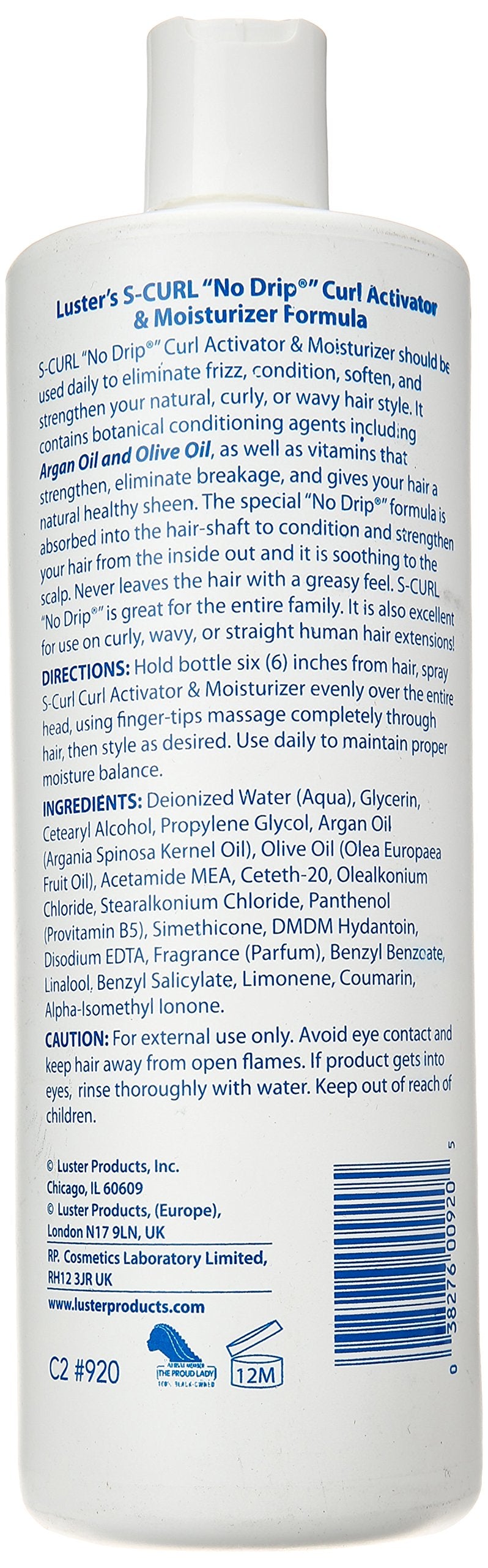 Luster's Scurl Right On Curl label closeup highlights branding and frizz-control formula.