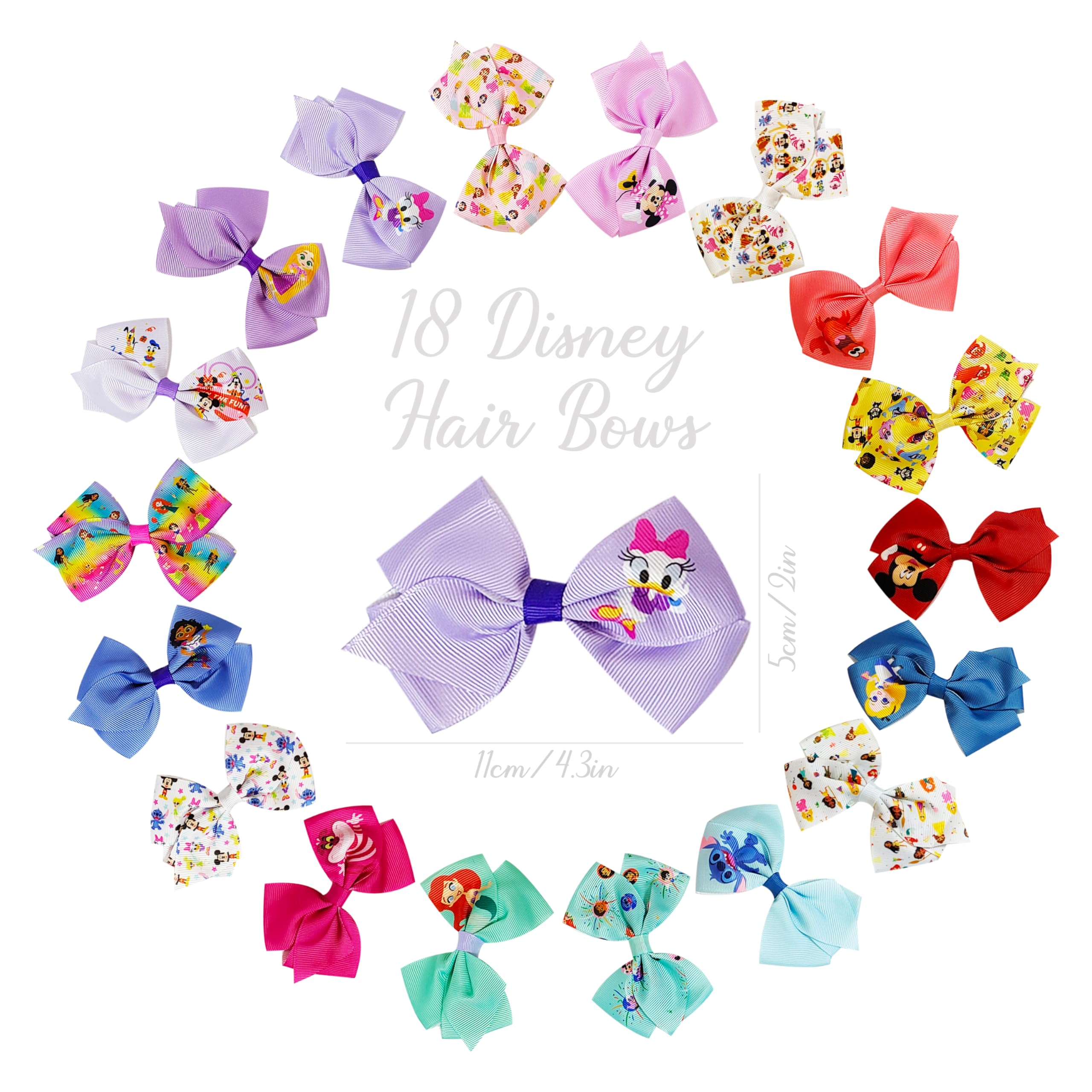 LUV HER 18pc Disney hair bow clips featuring favorite characters for versatile styling.