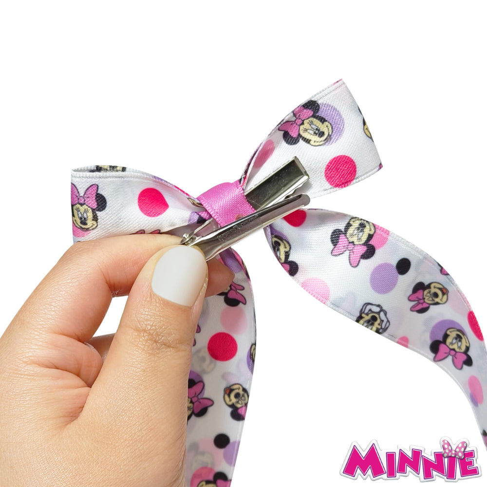 LUV HER Minnie printed long tail bows closeup fabric detail with gingham accents
