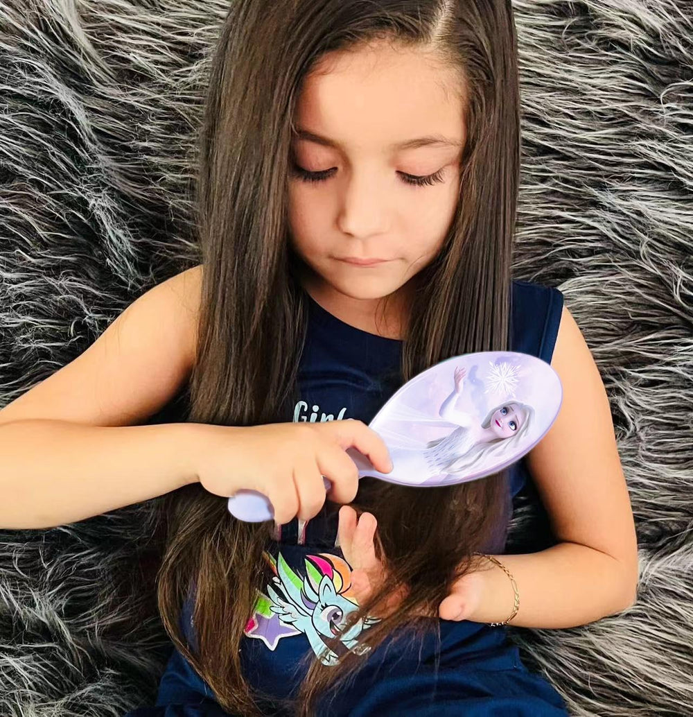LUV HER hairbrush with ergonomic handle supports easy brushing for ages 3 and up.