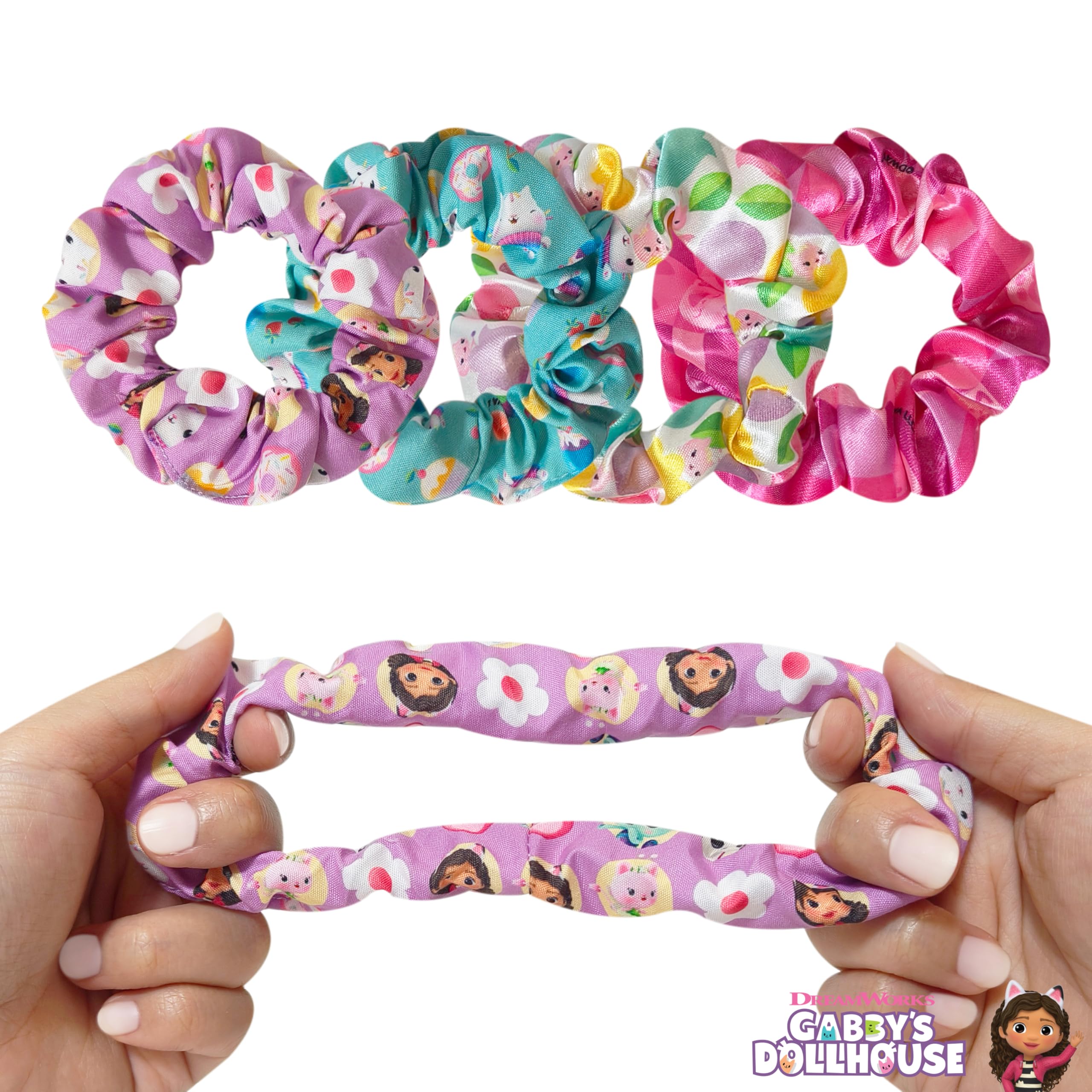 LUV HER Gabby’s Dollhouse scrunchies use soft fabric to protect hair.