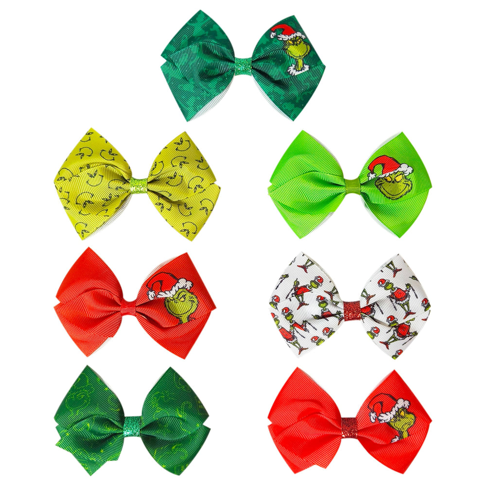 Grinch Christmas edition bows add festive flair for holiday outfits.