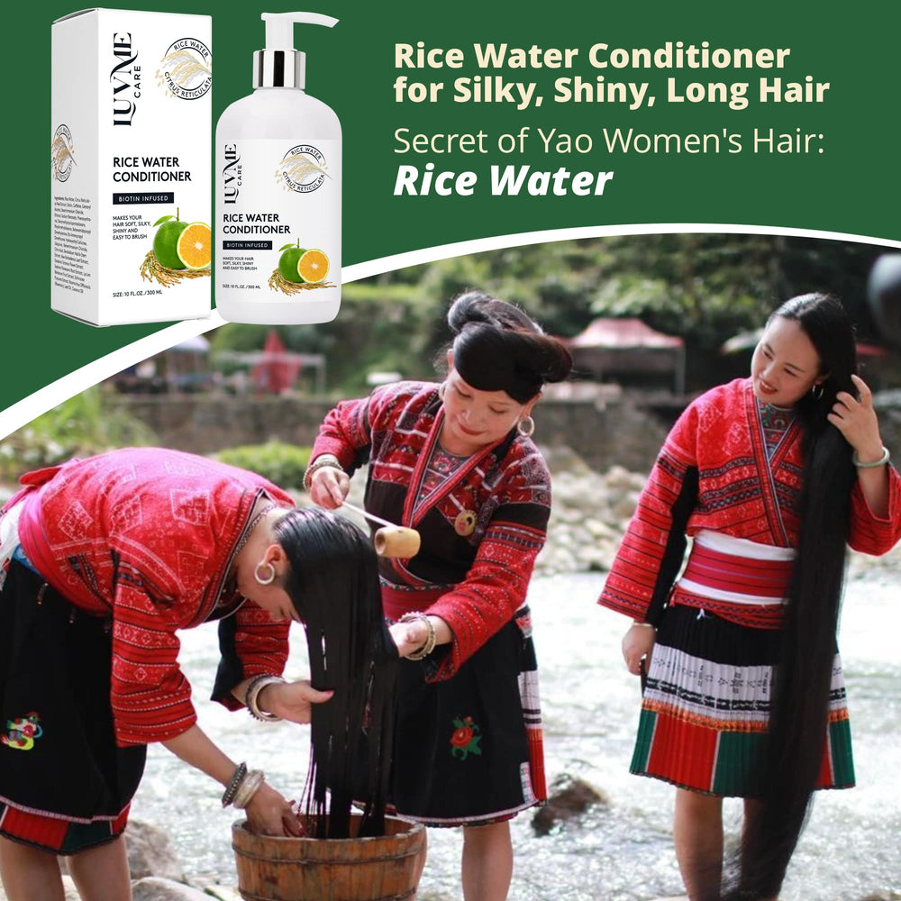 Luv Me Care biotin hair thickening conditioner ingredient bottle emphasizes strengthening benefits.