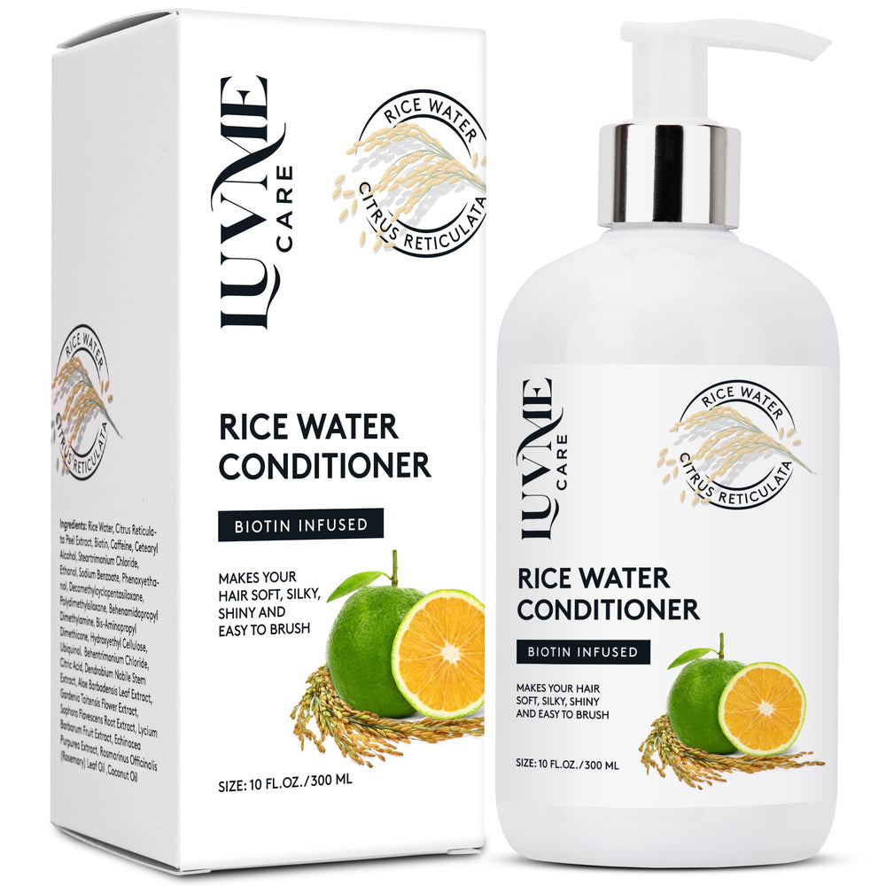 Luv Me Care rice water conditioner bottle pour promotes fuller-looking hair with thickening action.