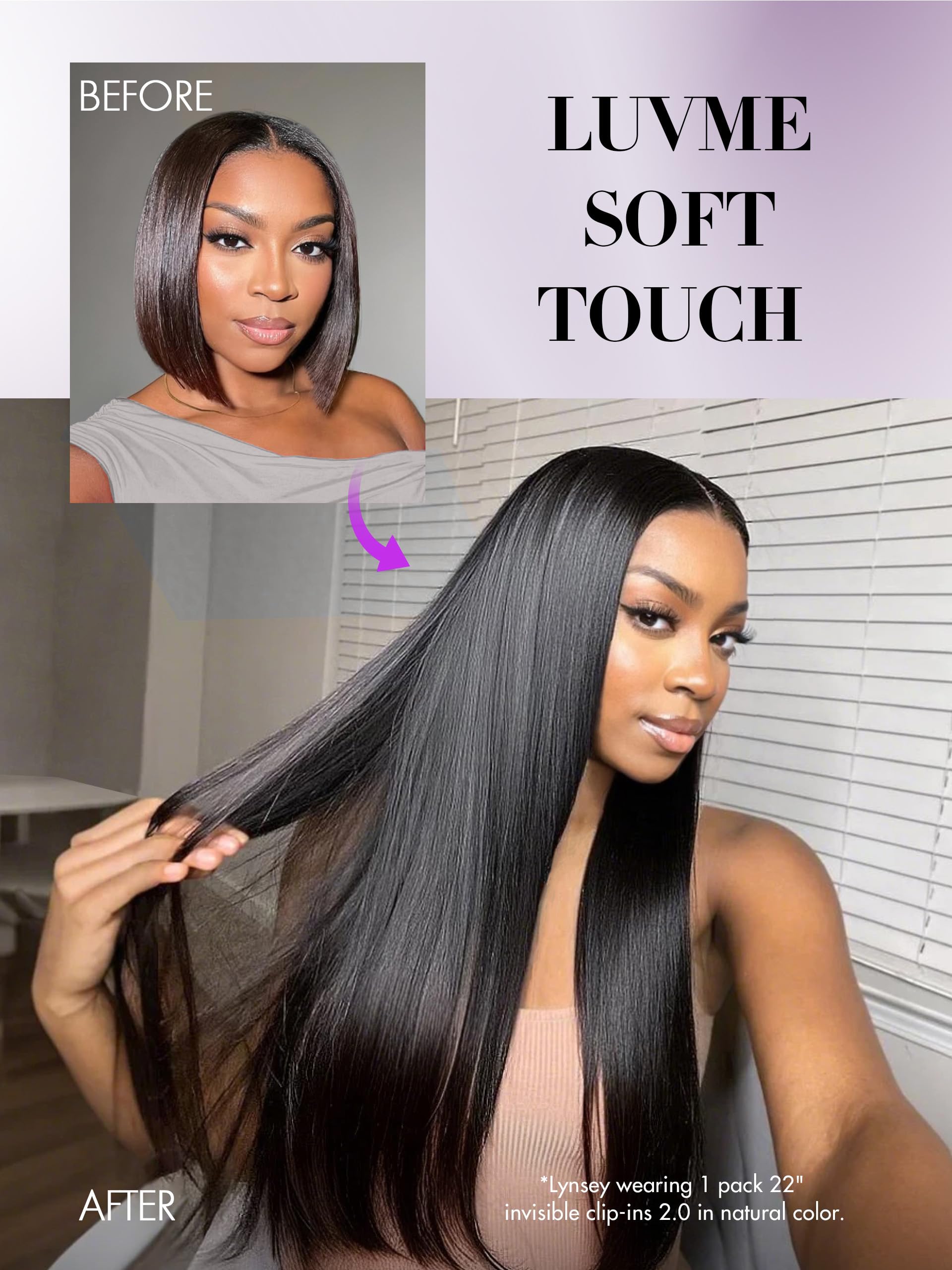 LUVME silky straight texture clip-ins for a sleek, salon-ready finish.