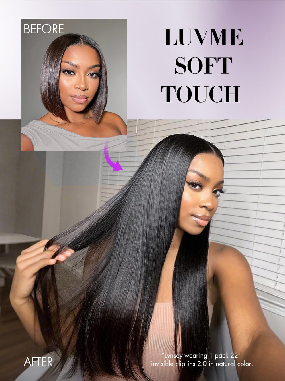 LUVME silky straight texture clip-ins for a sleek, salon-ready finish.
