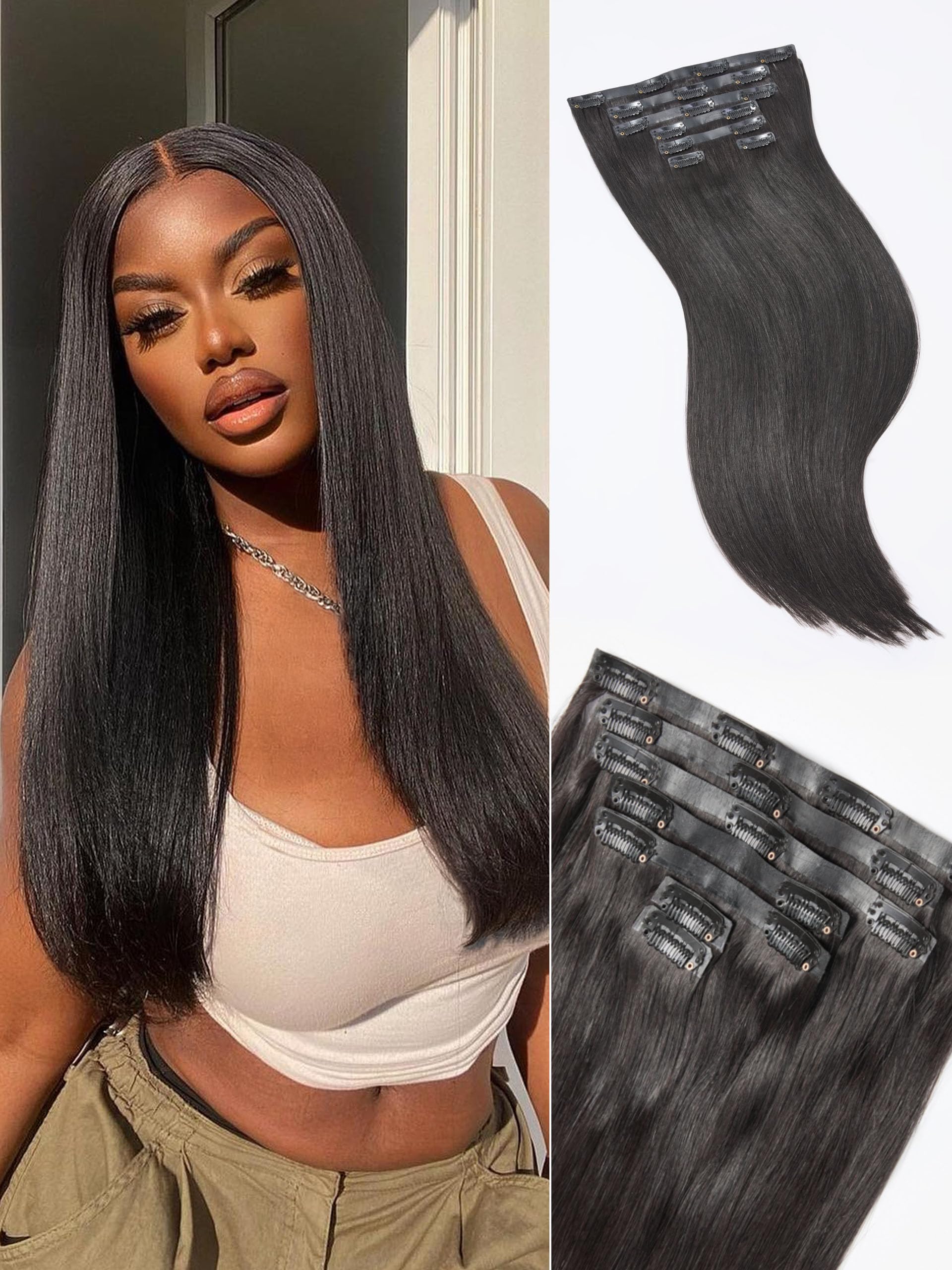 LUVME Yaki Straight Seamless Clip-in Extensions 110g 7pcs 18in for natural volume and easy styling.